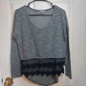 Charlotte Russe Grey Metallic Knit Long Sleeve Top Lace Hi Low Hem Office Size M